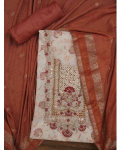 Festive Silk Blend Zari Woven Off White Dress Material With Dupatta	