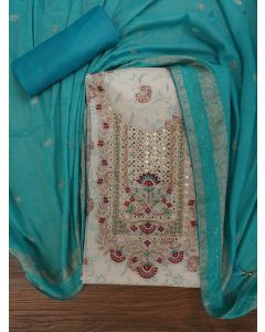Off White Festive Silk Blend Zari Woven Dress Material With Dupatta	