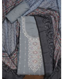 Grey Embellished Pure Silk Dress Material with Dupatta