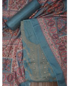 Grey Festive Silk Blend Zari Woven Dress Material With Dupatta	