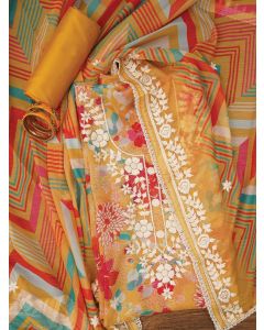 Yellow Lucknowi Embroidered Organza Dress Material with Dupatta