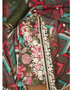 Olive Green Lucknowi Embroidered Organza Dress Material with Dupatta