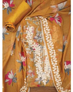 Mustard Lucknowi Embroidered Organza Dress Material with Dupatta