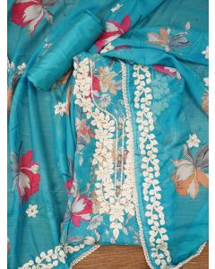 Sky Blue Lucknowi Embroidered Organza Dress Material with Dupatta