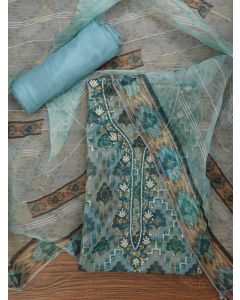 Teal Ethnic Sequin Embroidered Organza Dress Material with Dupatta