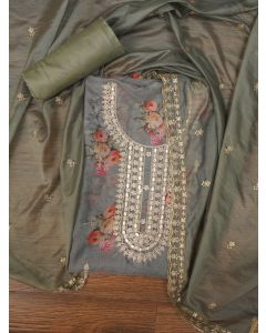Mehandi Green Floral Printed Sequin Embroidered Dress Material with Dupatta