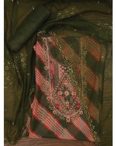 Mehandi Green Leheriya Embroidered Dress Material with Dupatta
