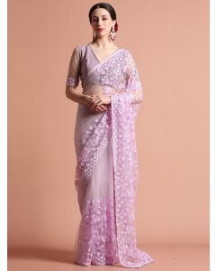 Lavender Party Wear Floral Embroidered Net Saree