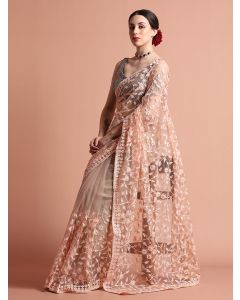 Party Wear Floral Peach Embroidered Net Saree