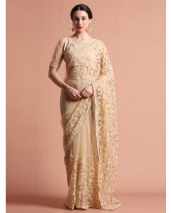 Beige Party Wear Floral Embroidered Net Saree