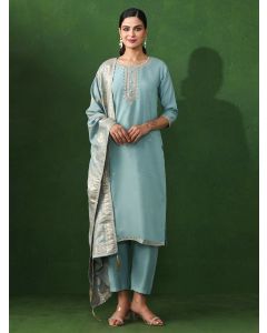 Floral Embroidered Straight Chanderi Silk Kurta & Trousers Sets-AR Shalini Blue