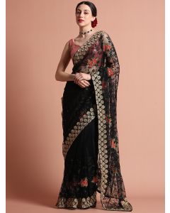 Black Floral Embroidered Net Party Wear Saree