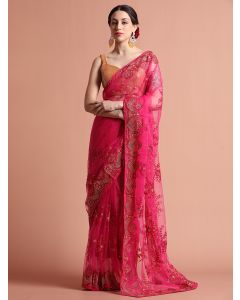 Pink Floral Embroidered Net Party Wear Saree