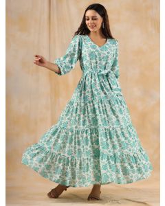 Sea Green Floral Printed Tier Cotton Dress