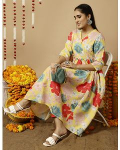 Yellow Floral Printed Gathered Angrakha Kurta 