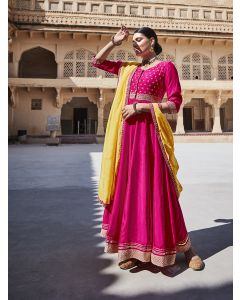Pink Zari Work Floor Length Anarkali Kurta With Yellow Organza Embellished Dupatta