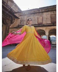 Yellow Zari Work Floor Length Anarkali Kurta With Pink Organza Embellished Dupatta