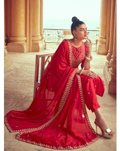 Women Red Straight Embroidered Kurta With Pants And Dupatta.