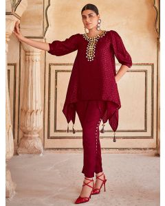 Maroon Hankerchief Mirror Embellished Silk Top With Mirror Embellished Trousers
