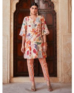 Beige Embellished Kurta With Muslin Printed Trousers