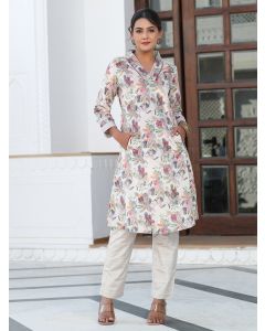 Beige Printed Embroidered Velvet Aline Kurta With Solid Velvet Pant