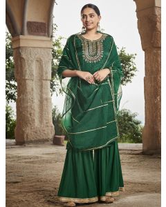 Women Green Straight Embroirdery Silk Kurta With Sharara And Organza Dupatta