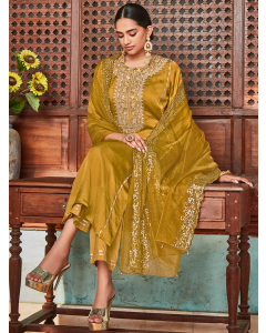 Mustard Straight Embroided Silk Kurta With Palazzo And Organza Embroidered Dupatta