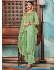 Pista Green Straight Embroided Silk Kurta With Palazzo And Organza Embroidered Dupatta