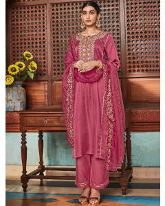 Mauve Straight Embroided Silk Kurta With Palazzo And Organza Embroidered Dupatta