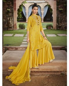 Amaiva Yellow Solid Zardozi Embroidered Solid Kurta With Sharara & Dupatta