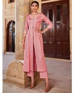 Pink Jaquard Hand Embroidered Anarkali Flared Kurta With Solid Palazzo