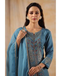 Zardozi Embroidered Silk Teal Blue Straight Kurta With Palazzo And Dupatta 