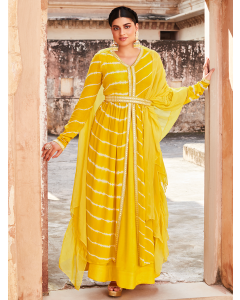 Yellow Lehriya Flared Jacket With Skirt And Dupatta And Mirror Work Belt