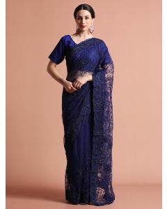 Navy Blue Embroidered Net Party Wear Saree