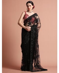 Embroidered Net Party Wear Black Saree