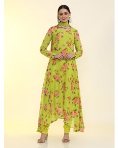 Floral Printed Anarkali Poly Chiffon Flared Kurta & Churidar Sets-Binni Lime Green