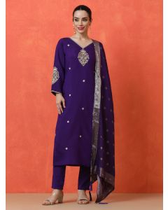 Solid Embroidered Straight Silk Blend Kurta & Trousers Sets-BS-3160 Purple