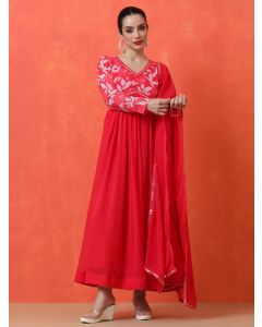 Floral Embroidered Anarkali Ethnic Dress With Dupatta-BS-3170 Red