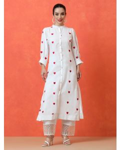 Solid Embroidered A-Line Pure Cotton Kurta & Trousers Sets-BS-3201 White
