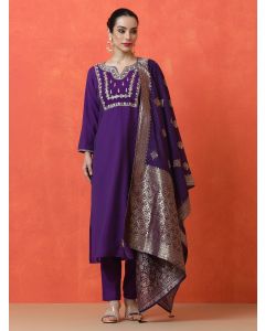 Floral Embroidered Straight Silk Blend Kurta & Trousers Sets-BS-3202 Purple