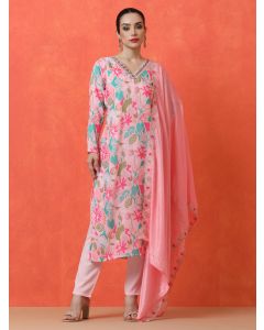 Floral Embroidered Straight Poly Crepe Kurta & Trousers Sets-BS-3203 Multi