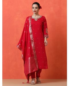 Floral Embroidered Straight Silk Blend Kurta & Trousers Sets-BS-3209 Maroon