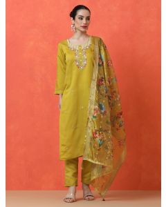 Floral Embroidered Straight Silk Blend Kurta & Trousers Sets-BS-Apoorva Mustard