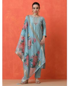 Floral Embroidered Straight Silk Blend Kurta & Trousers Sets-BS-Tanisha Blue