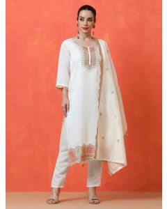 Floral Embroidered Straight Silk Blend Kurta & Trousers Sets-BS-Urvashi Cream