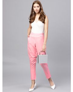 Light Pink Solid Straight Cotton Cambric Pants