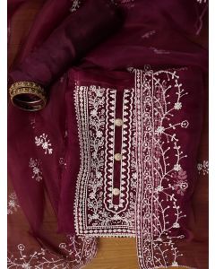 Magenta Unstitched Embroidered Organza Dress Material With Dupatta