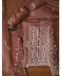 Unstitched Peach Embroidered Organza Dress Material With Dupatta
