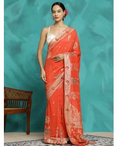 Orange Zari Woven Heavy Banarasi Saree 
