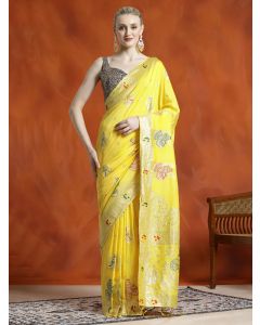 Yellow Heavy Banarasi Zari Woven Silk Blend Saree